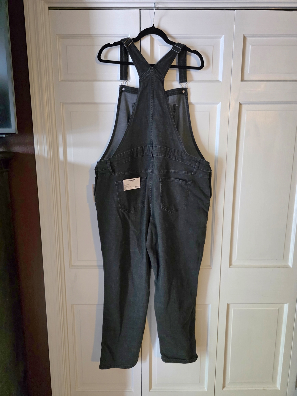 NWT Sonoma Maternity Black Denim Overalls XL Adjustable Bib Straight Leg - Picture 2 of 7